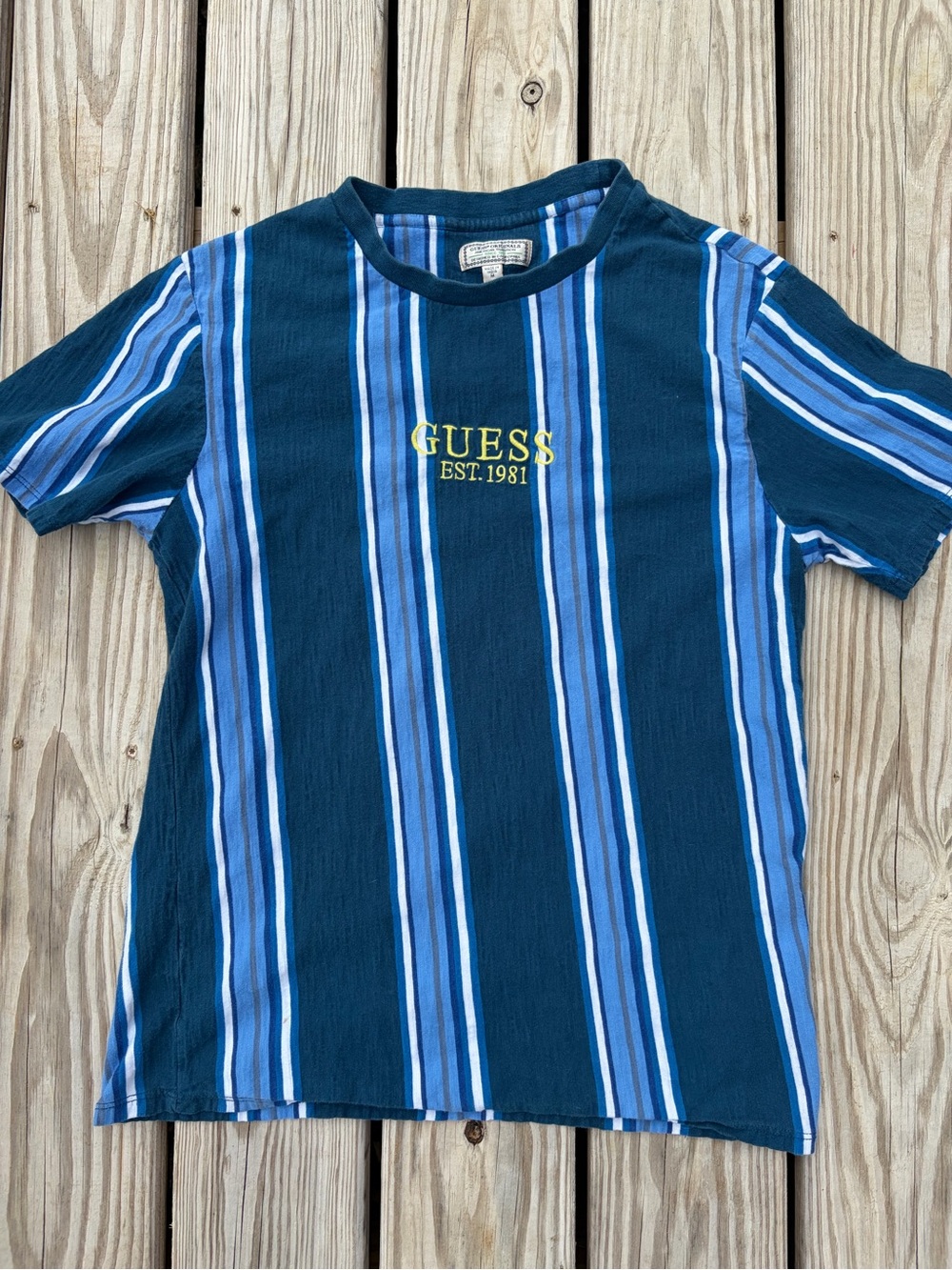 VINTAGE Guess Shirt Adult Medium Blue Striped Crew Neck Hip Hop Streetwear Y2K